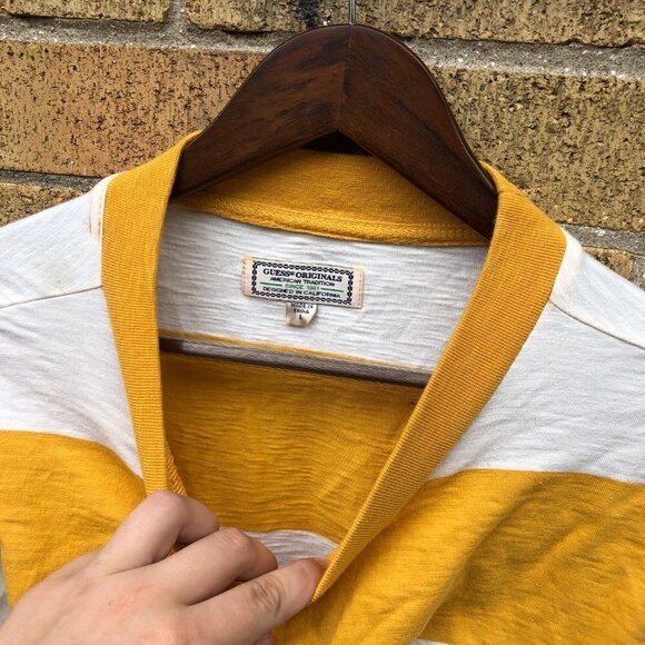 Striped Guess Shirt Crewneck Sweater Large Yellow/White - Picture 3 of 6